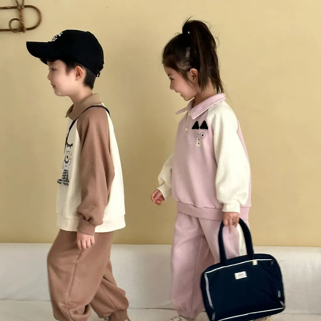 長袖セットアップ クマ刺繍襟付きスウェットセットアップ 2点セット【mh0011234】