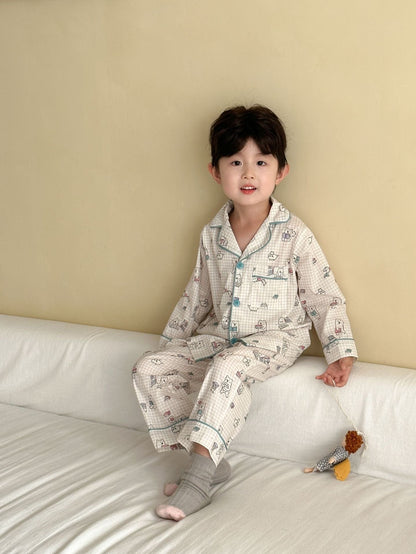 長袖パジャマ チェックベアくまプリント/丸襟長袖パジャマセットアップ 2点セット【mh0011236】