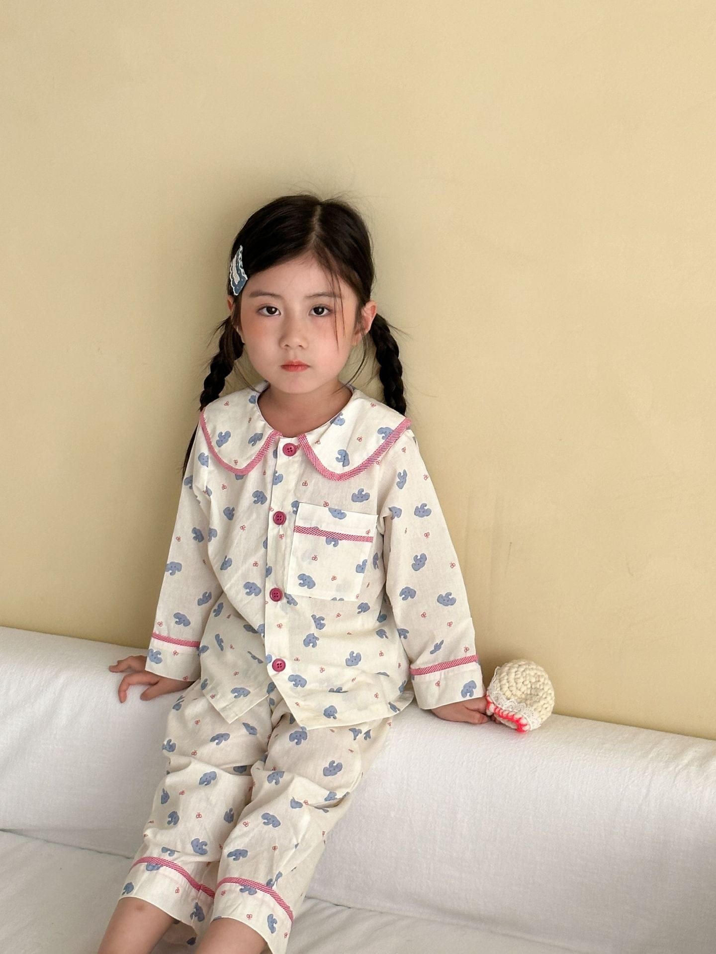 長袖パジャマ チェックベアくまプリント/丸襟長袖パジャマセットアップ 2点セット【mh0011236】