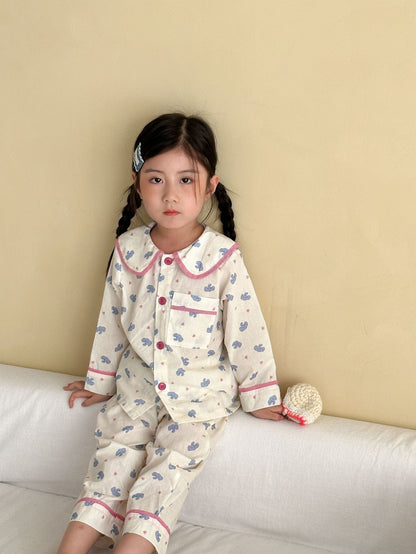 長袖パジャマ チェックベアくまプリント/丸襟長袖パジャマセットアップ 2点セット【mh0011236】