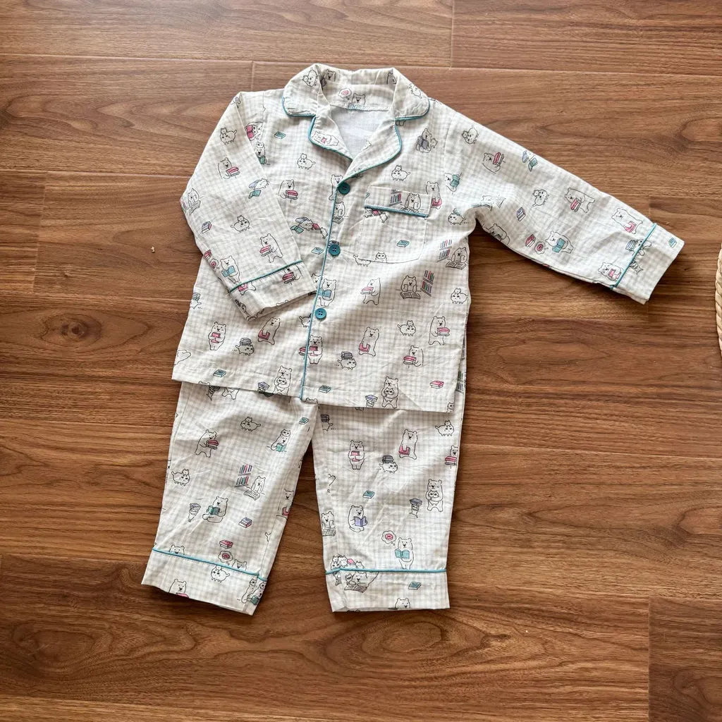 長袖パジャマ チェックベアくまプリント/丸襟長袖パジャマセットアップ 2点セット【mh0011236】