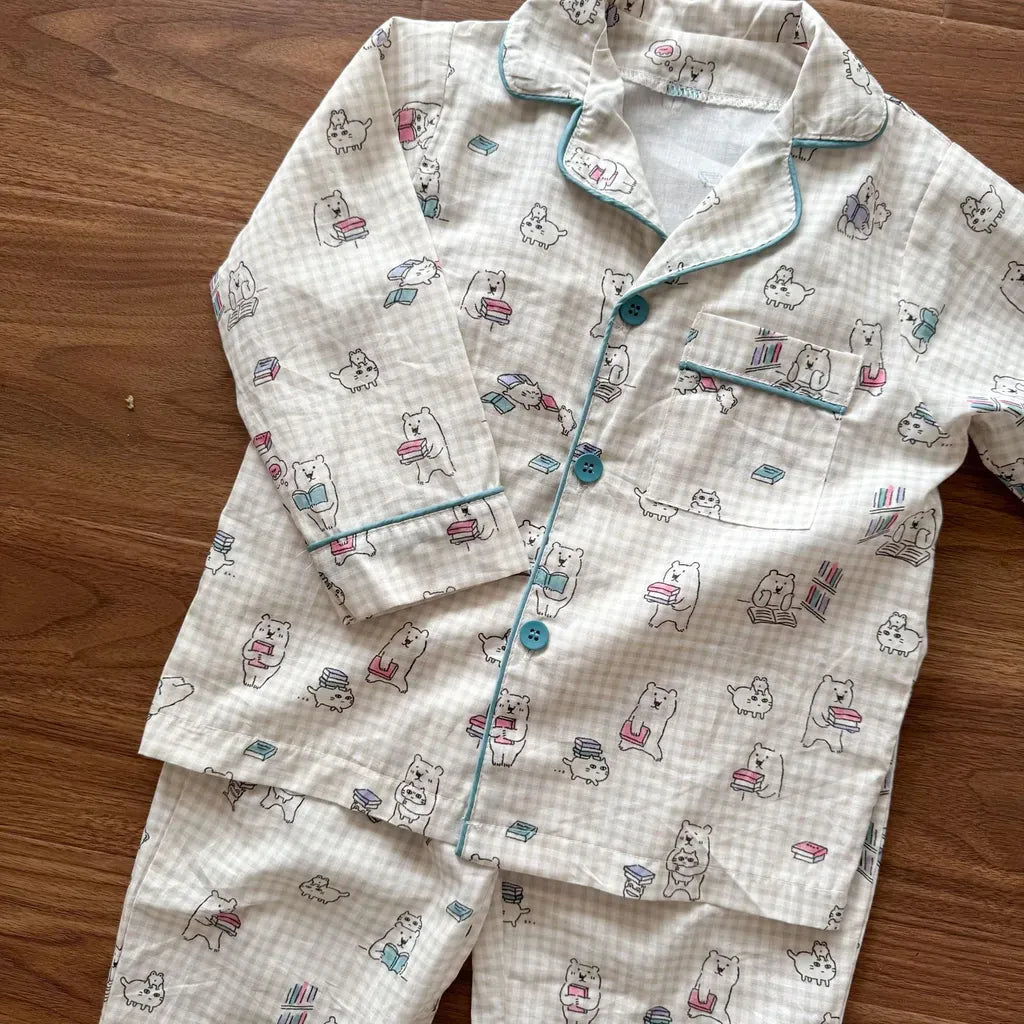 長袖パジャマ チェックベアくまプリント/丸襟長袖パジャマセットアップ 2点セット【mh0011236】