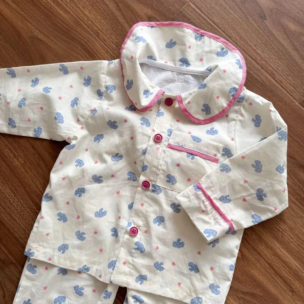 長袖パジャマ チェックベアくまプリント/丸襟長袖パジャマセットアップ 2点セット【mh0011236】