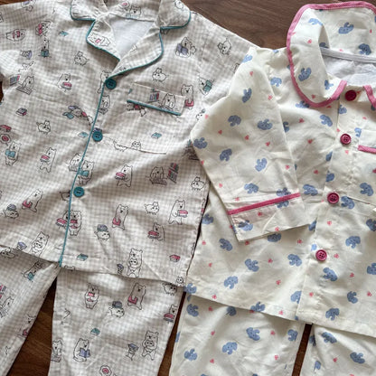 長袖パジャマ チェックベアくまプリント/丸襟長袖パジャマセットアップ 2点セット【mh0011236】