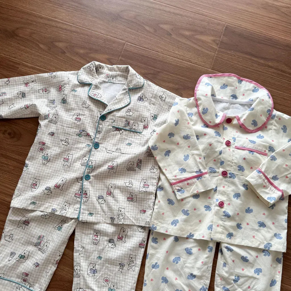 長袖パジャマ チェックベアくまプリント/丸襟長袖パジャマセットアップ 2点セット【mh0011236】