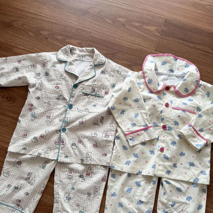 長袖パジャマ チェックベアくまプリント/丸襟長袖パジャマセットアップ 2点セット【mh0011236】