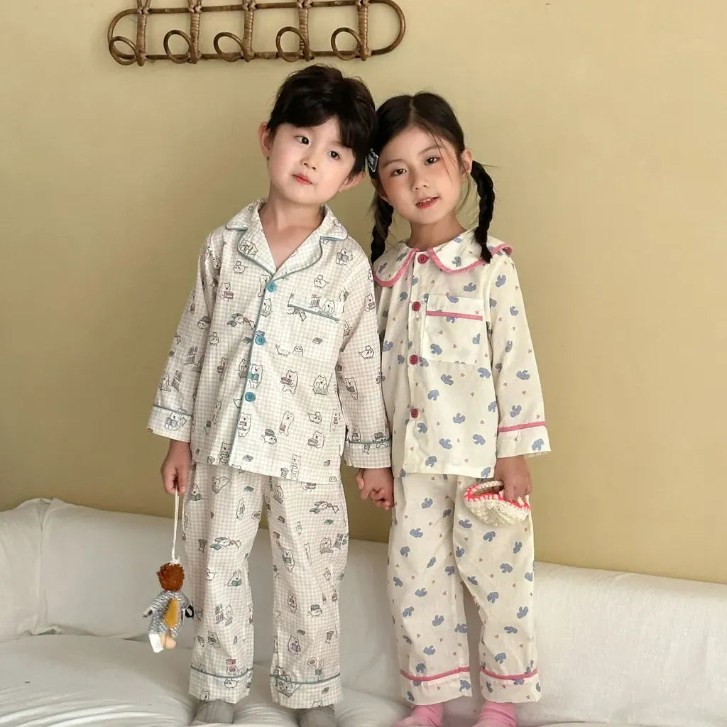 長袖パジャマ チェックベアくまプリント/丸襟長袖パジャマセットアップ 2点セット【mh0011236】