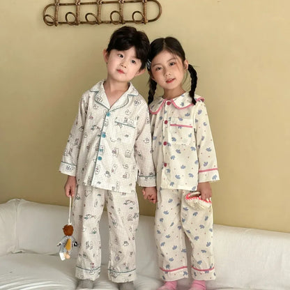 長袖パジャマ チェックベアくまプリント/丸襟長袖パジャマセットアップ 2点セット【mh0011236】