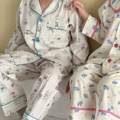 長袖パジャマ チェックベアくまプリント/丸襟長袖パジャマセットアップ 2点セット【mh0011236】