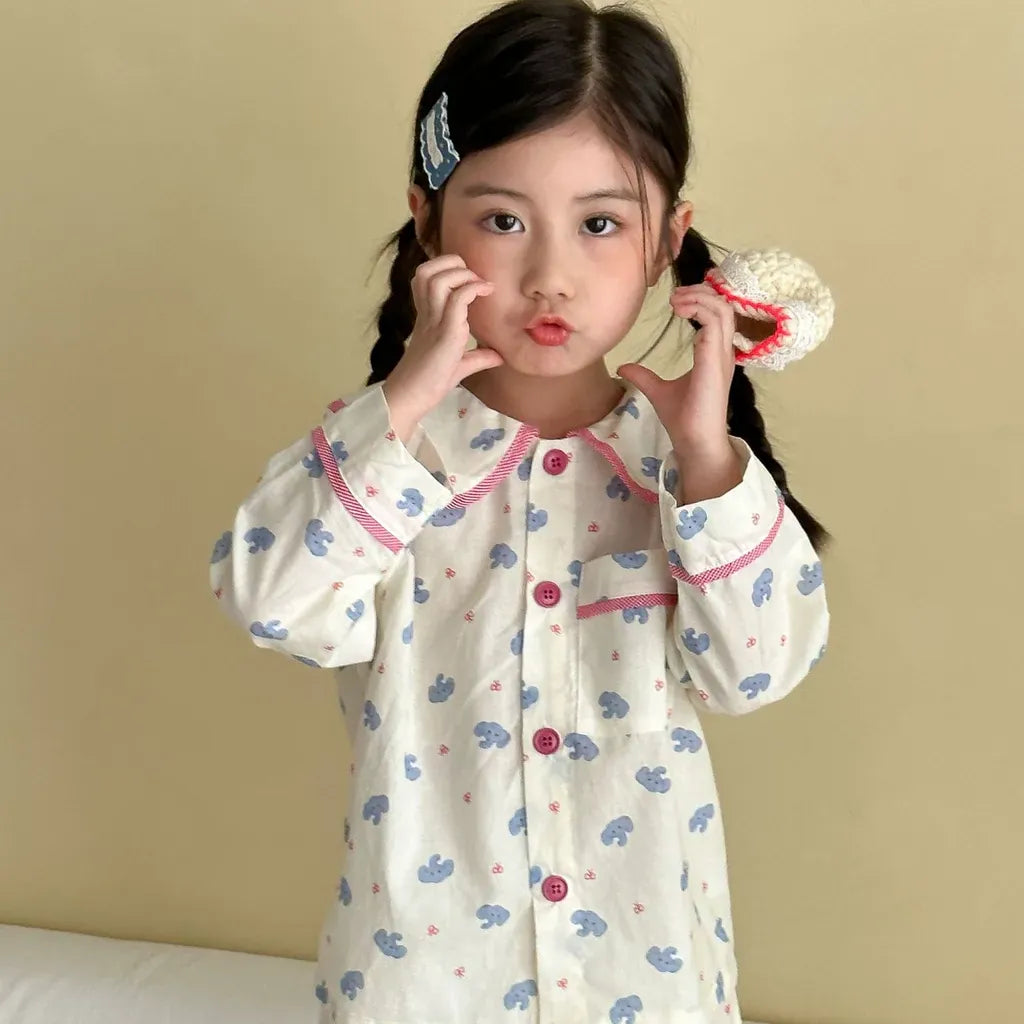 長袖パジャマ チェックベアくまプリント/丸襟長袖パジャマセットアップ 2点セット【mh0011236】