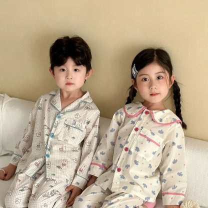 長袖パジャマ チェックベアくまプリント/丸襟長袖パジャマセットアップ 2点セット【mh0011236】