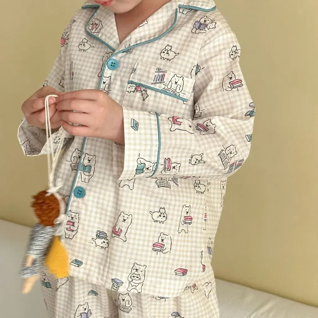 長袖パジャマ チェックベアくまプリント/丸襟長袖パジャマセットアップ 2点セット【mh0011236】