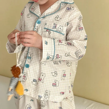 長袖パジャマ チェックベアくまプリント/丸襟長袖パジャマセットアップ 2点セット【mh0011236】