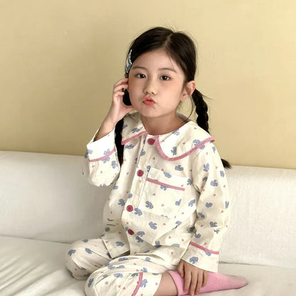 長袖パジャマ チェックベアくまプリント/丸襟長袖パジャマセットアップ 2点セット【mh0011236】