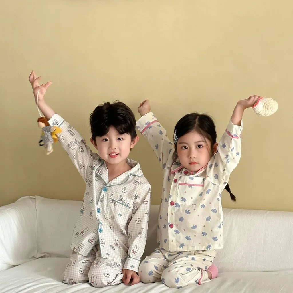 長袖パジャマ チェックベアくまプリント/丸襟長袖パジャマセットアップ 2点セット【mh0011236】