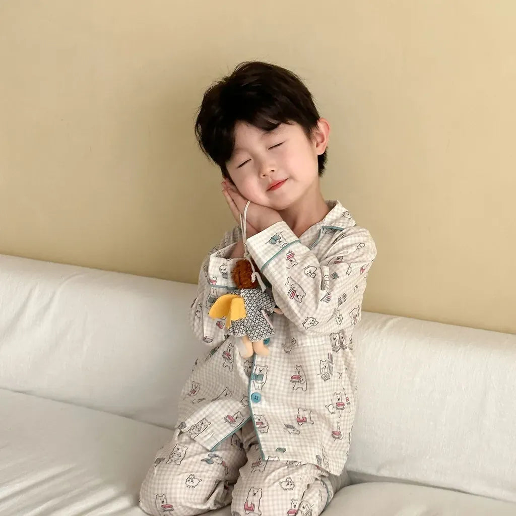 長袖パジャマ チェックベアくまプリント/丸襟長袖パジャマセットアップ 2点セット【mh0011236】