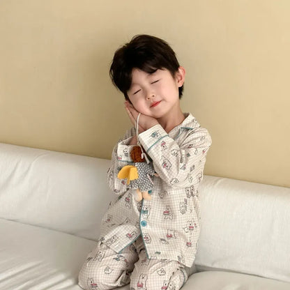 長袖パジャマ チェックベアくまプリント/丸襟長袖パジャマセットアップ 2点セット【mh0011236】