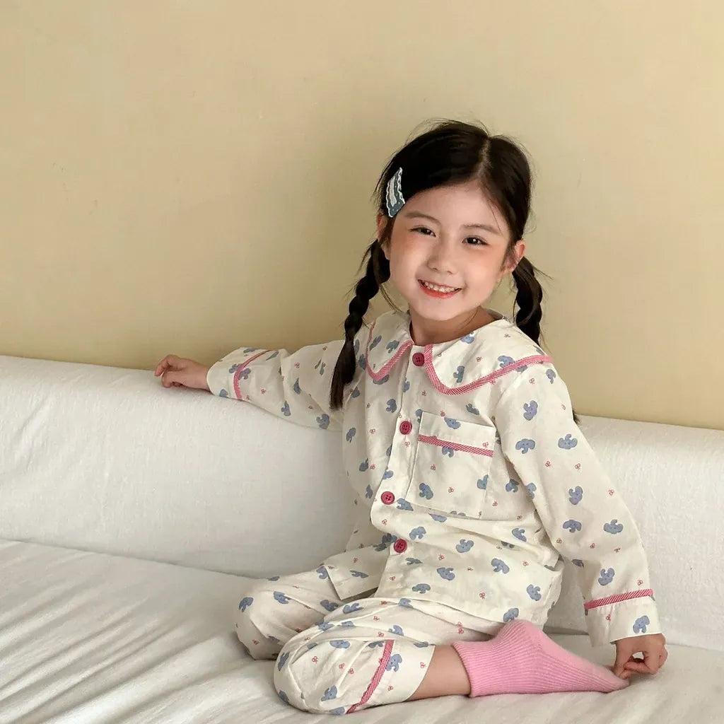 長袖パジャマ チェックベアくまプリント/丸襟長袖パジャマセットアップ 2点セット【mh0011236】