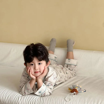 長袖パジャマ チェックベアくまプリント/丸襟長袖パジャマセットアップ 2点セット【mh0011236】