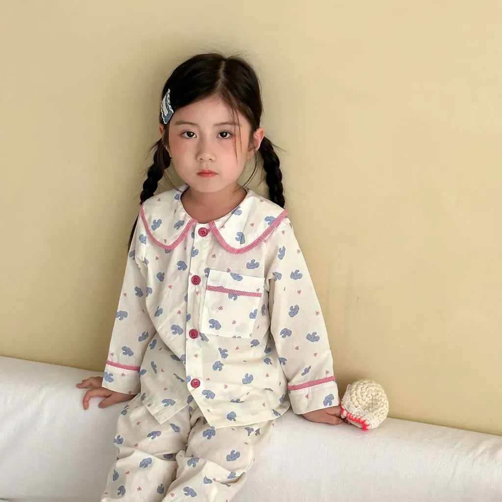 長袖パジャマ チェックベアくまプリント/丸襟長袖パジャマセットアップ 2点セット【mh0011236】