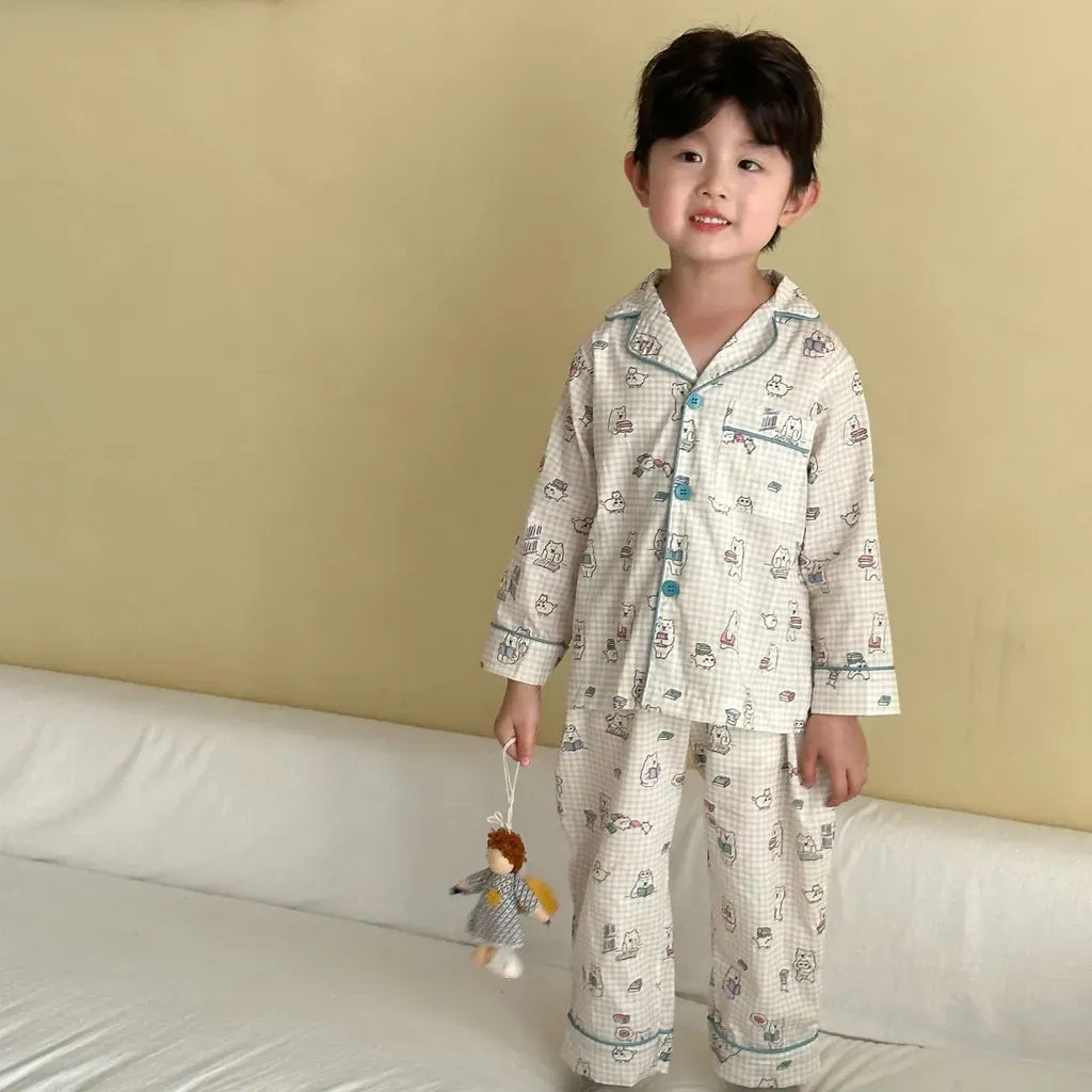 長袖パジャマ チェックベアくまプリント/丸襟長袖パジャマセットアップ 2点セット【mh0011236】
