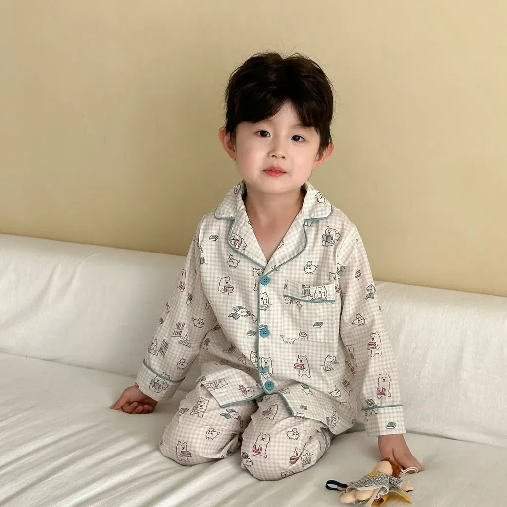長袖パジャマ チェックベアくまプリント/丸襟長袖パジャマセットアップ 2点セット【mh0011236】