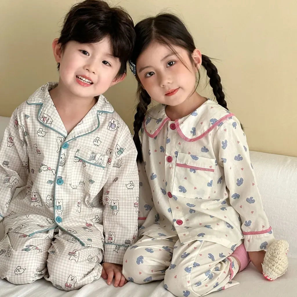 長袖パジャマ チェックベアくまプリント/丸襟長袖パジャマセットアップ 2点セット【mh0011236】