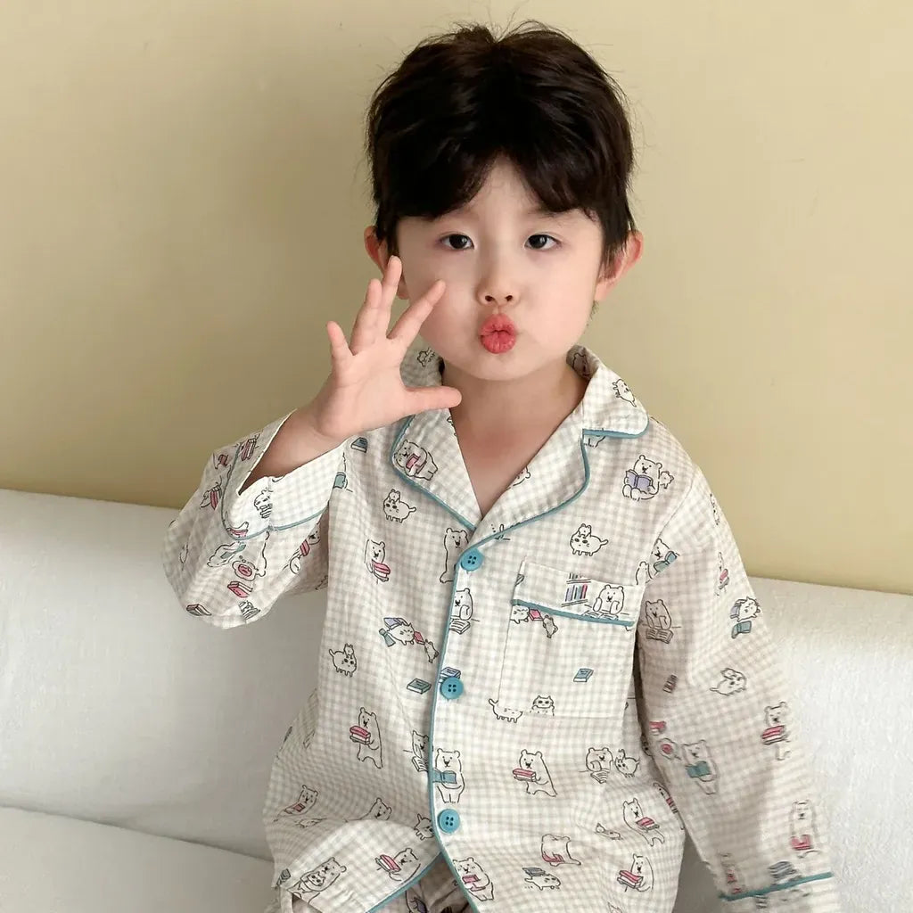 長袖パジャマ チェックベアくまプリント/丸襟長袖パジャマセットアップ 2点セット【mh0011236】