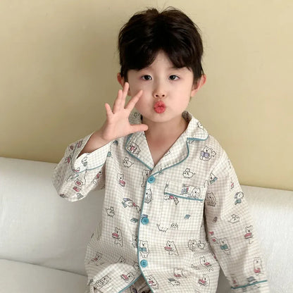 長袖パジャマ チェックベアくまプリント/丸襟長袖パジャマセットアップ 2点セット【mh0011236】