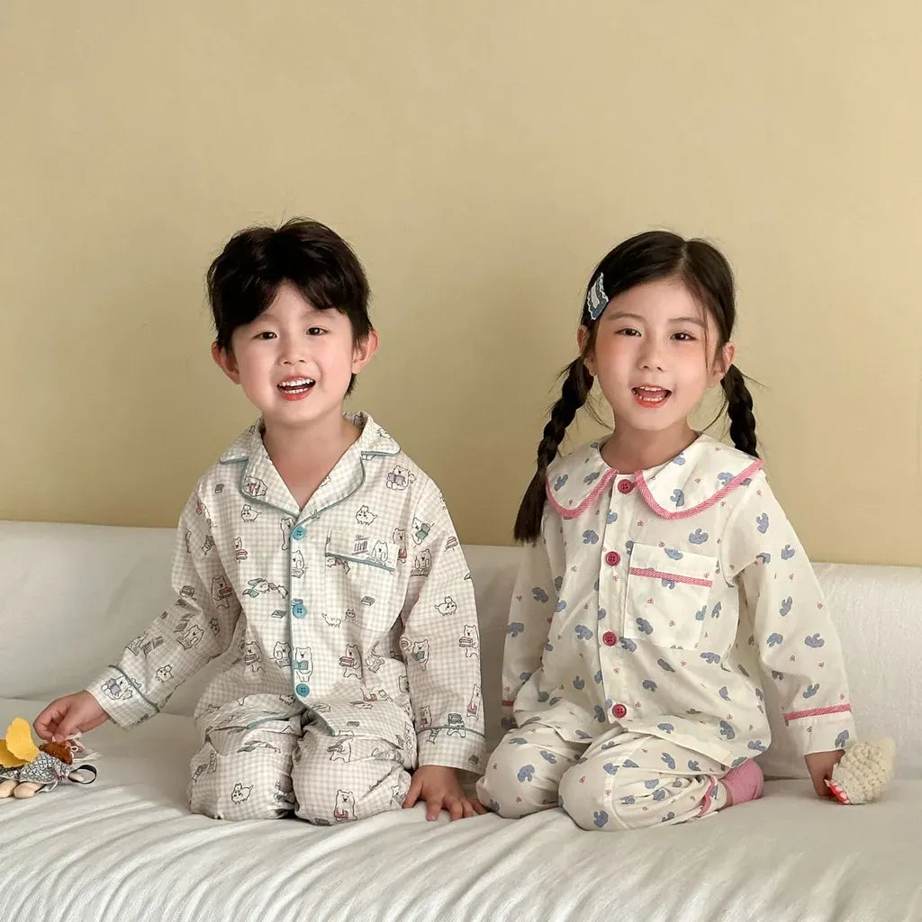 長袖パジャマ チェックベアくまプリント/丸襟長袖パジャマセットアップ 2点セット【mh0011236】
