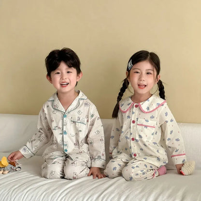 長袖パジャマ チェックベアくまプリント/丸襟長袖パジャマセットアップ 2点セット【mh0011236】