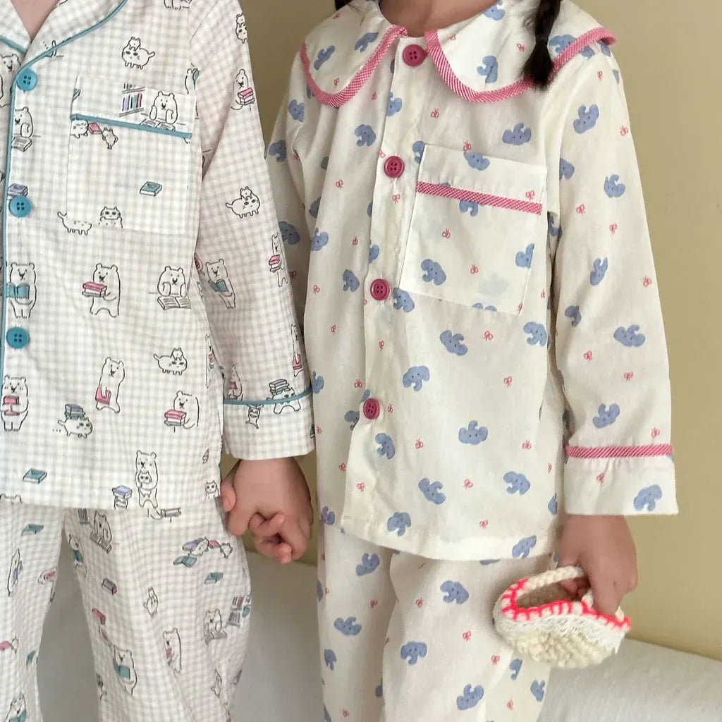 長袖パジャマ チェックベアくまプリント/丸襟長袖パジャマセットアップ 2点セット【mh0011236】