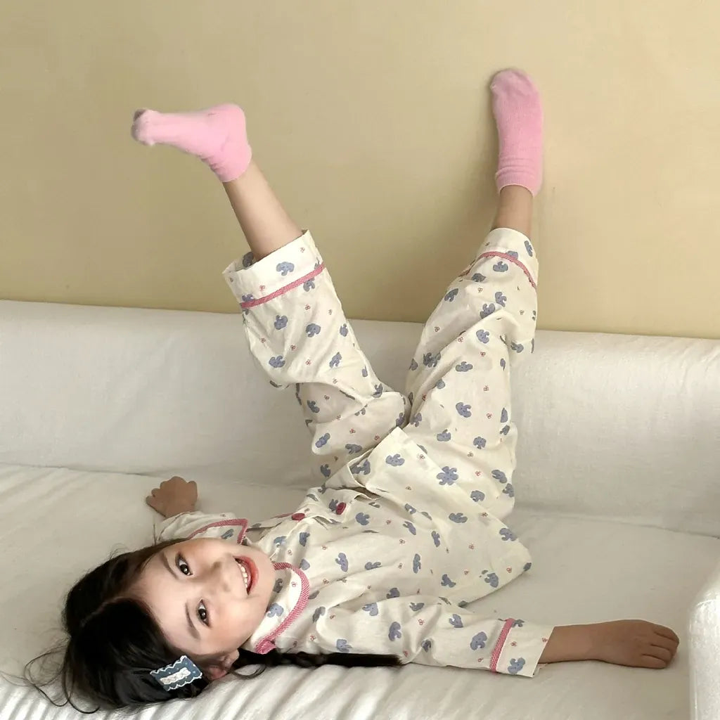 長袖パジャマ チェックベアくまプリント/丸襟長袖パジャマセットアップ 2点セット【mh0011236】