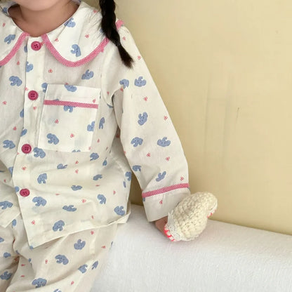 長袖パジャマ チェックベアくまプリント/丸襟長袖パジャマセットアップ 2点セット【mh0011236】