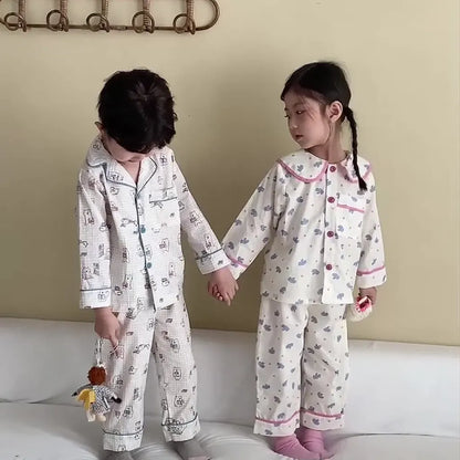 長袖パジャマ チェックベアくまプリント/丸襟長袖パジャマセットアップ 2点セット【mh0011236】
