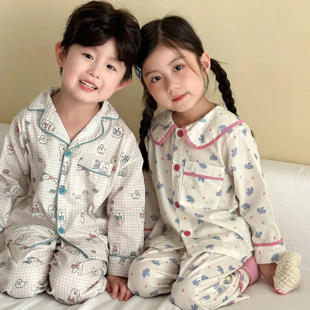 長袖パジャマ チェックベアくまプリント/丸襟長袖パジャマセットアップ 2点セット【mh0011236】