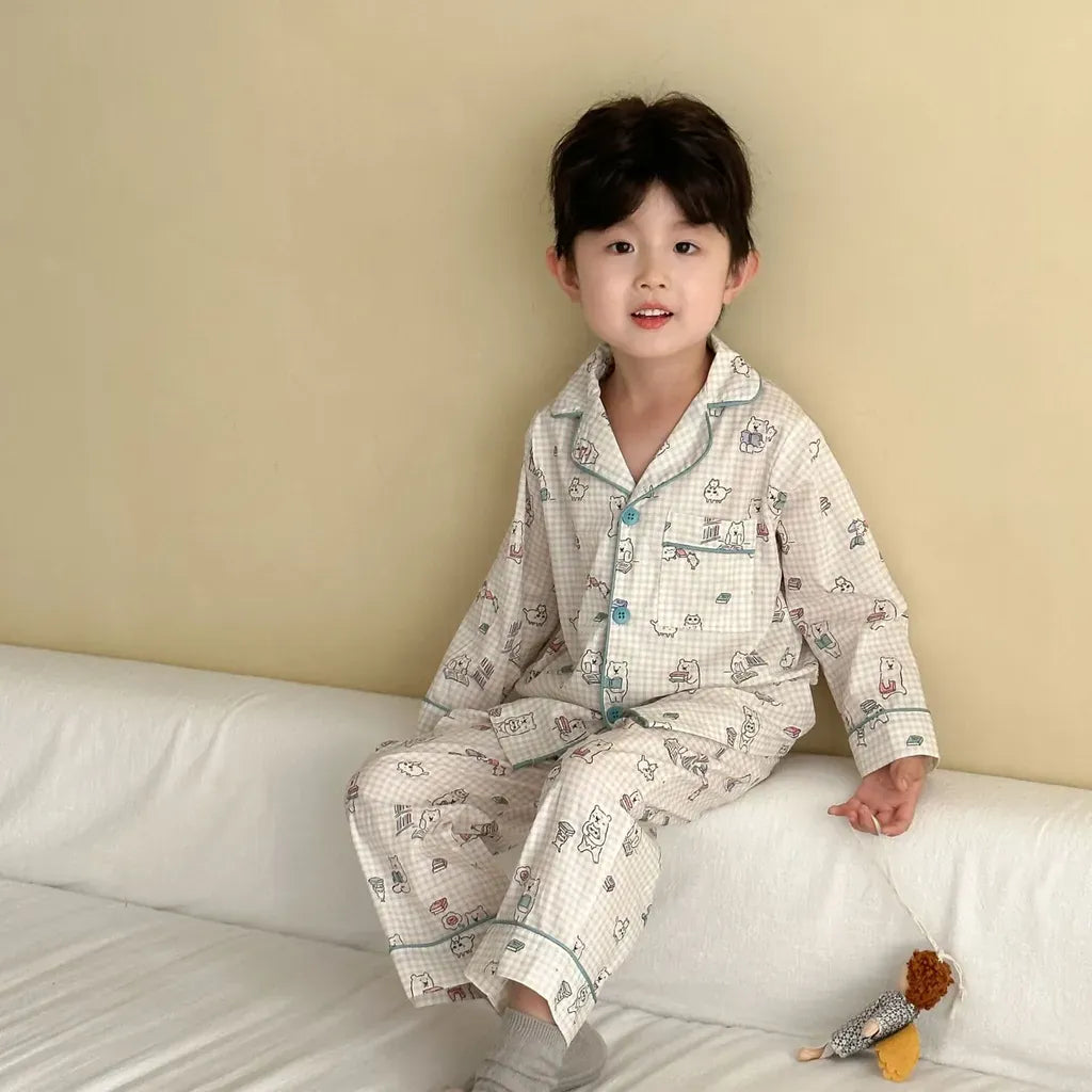 長袖パジャマ チェックベアくまプリント/丸襟長袖パジャマセットアップ 2点セット【mh0011236】