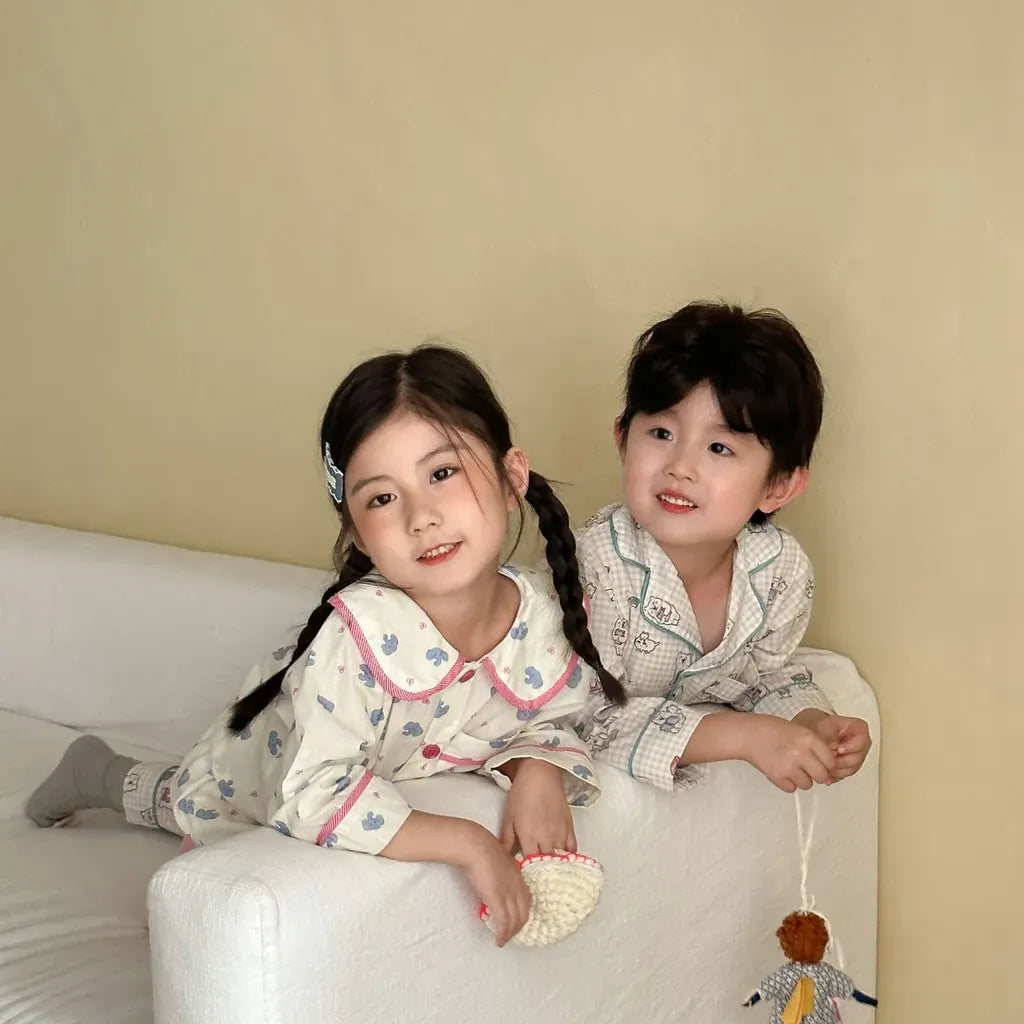 長袖パジャマ チェックベアくまプリント/丸襟長袖パジャマセットアップ 2点セット【mh0011236】