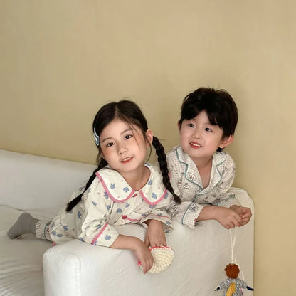 長袖パジャマ チェックベアくまプリント/丸襟長袖パジャマセットアップ 2点セット【mh0011236】