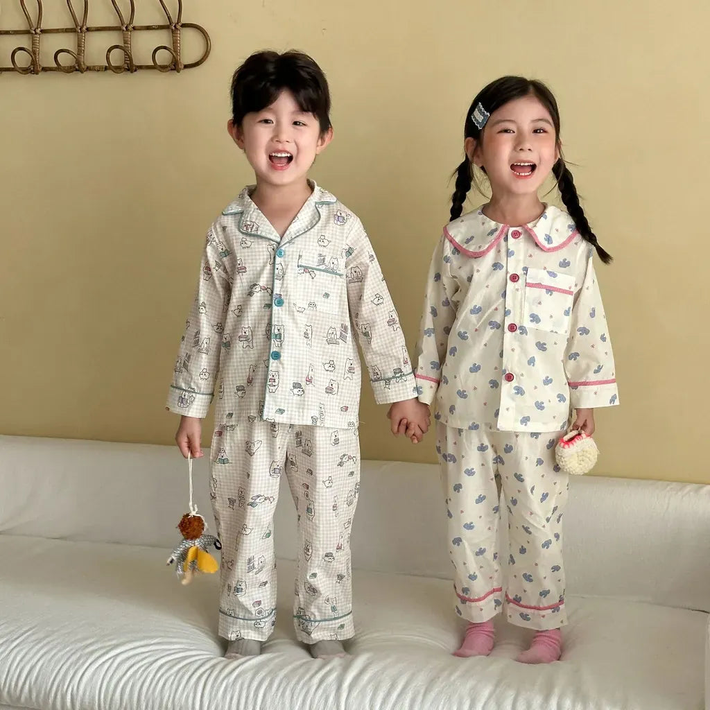 長袖パジャマ チェックベアくまプリント/丸襟長袖パジャマセットアップ 2点セット【mh0011236】