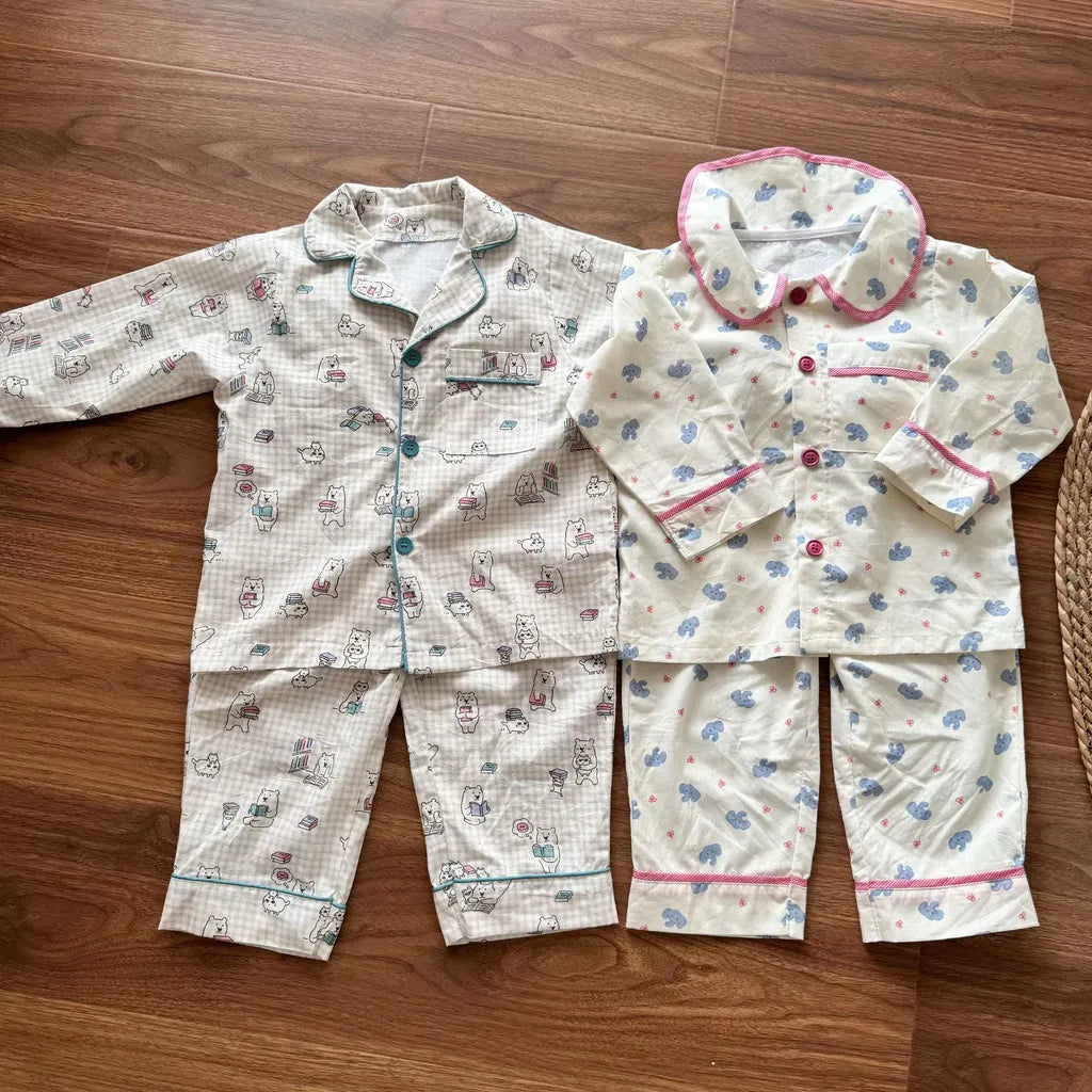 長袖パジャマ チェックベアくまプリント/丸襟長袖パジャマセットアップ 2点セット【mh0011236】