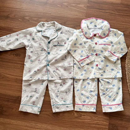 長袖パジャマ チェックベアくまプリント/丸襟長袖パジャマセットアップ 2点セット【mh0011236】