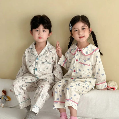 長袖パジャマ チェックベアくまプリント/丸襟長袖パジャマセットアップ 2点セット【mh0011236】