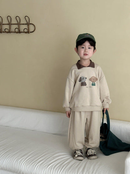 長袖セットアップ 襟付きベアくまプリントスウェットセットアップ 2点セット【mh0011249】
