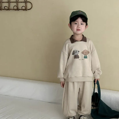 長袖セットアップ 襟付きベアくまプリントスウェットセットアップ 2点セット【mh0011249】