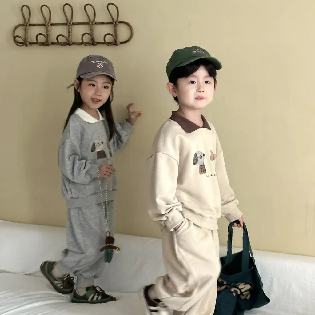 長袖セットアップ 襟付きベアくまプリントスウェットセットアップ 2点セット【mh0011249】