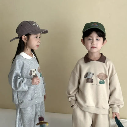 長袖セットアップ 襟付きベアくまプリントスウェットセットアップ 2点セット【mh0011249】