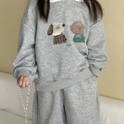 長袖セットアップ 襟付きベアくまプリントスウェットセットアップ 2点セット【mh0011249】