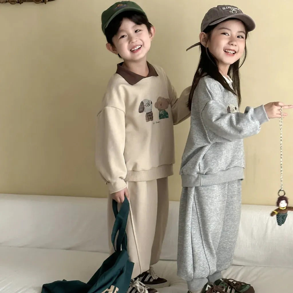 長袖セットアップ 襟付きベアくまプリントスウェットセットアップ 2点セット【mh0011249】