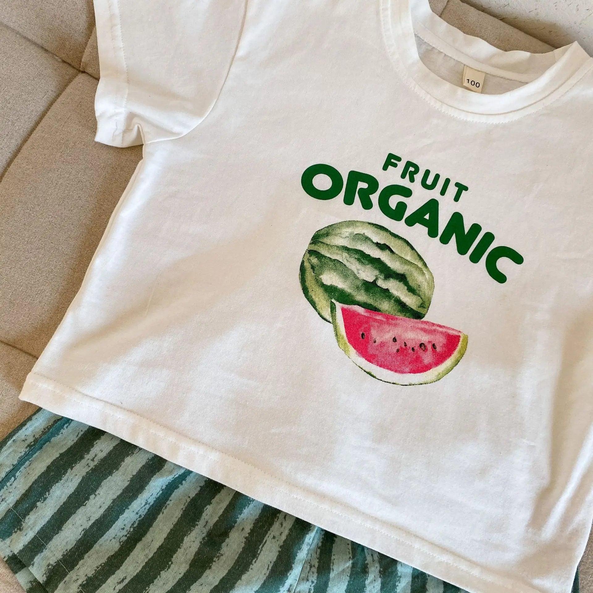 半袖セットアップ キッズワンピース/セットアップ 2点セット スイカストライププリントキャミソールワンピース/半袖Tシャツ+ショートパンツ リンクコーデ 兄弟姉妹 お揃いコーデ【mh0008880】